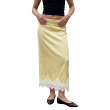 (XL, Yellow) Lange damesrok, elegante zomerrok met lage taille, kanten patchwork en een zwierige look voor een casual gelegenheid.
