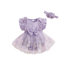 (6-9 Months, Purple) Completo estivo neonata: tutina maniche senza con volant, scollo rotondo e ricamo floreale, con fascia capelli.