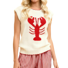 (S, White) Chaleco holgado de punto para mujer, suéter sin mangas con cuello redondo para otoño, camiseta estampada langosta