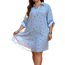 (XXXXL, Sky Blue) Női plus size hosszú blúz, bő szabású, stílusos szívmintás csíkos V-nyakú, 3/4 ujjú felsők