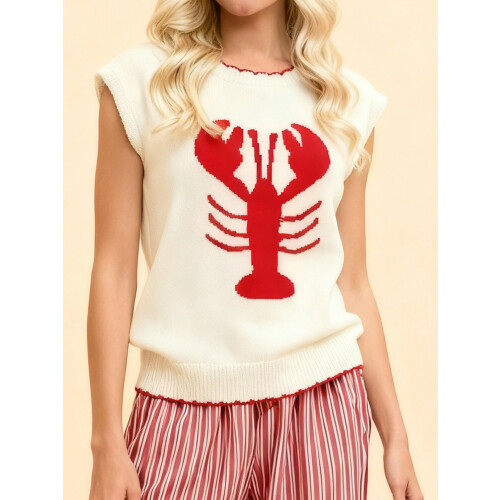 (S, White) Γυναικείο Φαρδύ Πλεκτό Γιλέκο Casual Φθινοπωρινό με Στάμπα Αστακού 2