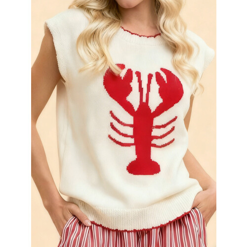 (S, White) Γυναικείο Φαρδύ Πλεκτό Γιλέκο Casual Φθινοπωρινό με Στάμπα Αστακού 1