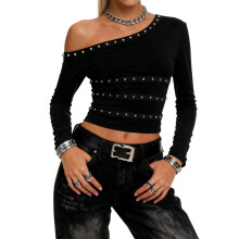 (L, Black) Women's Off Shoulder Studded Tops Punk Style Long Sleeve Solid Color Slim Fitted T-Shirt Streetwear
