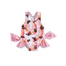 (3-4 Years, Pink) Maiô infantil feminino estilo regata com estampa floral e borboletas, modelo body com babados.