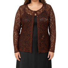 (XL, Dark Brown) Női póló, hosszú ujjú, U-nyakú, átlátszó csipkés felsőrész, vékony, áttetsző póló, klubruházat