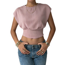 (XL, Pink) Women's Round Neckline Tops Dolman Sleeve Cinched Waist Solid Color Cropped Tops Shirts