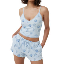 (M, Blue) Dames 2-delige pyjamaset: schattige mouwloze top met V-hals en schelpenprint + short, comfortabele loungewear