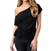 (L, Black) Women Summer Off Shoulder Tops Solid Short Sleeve Drawstring Hem T-shirt Casual Streetwear