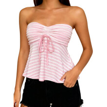 (L, Pink) Women Striped Strapless Babydoll Tops Slim Off Shoulder Sleeveless Ruffled Hem Open Back Tie-up Shirts Trendy Summer Streetwear