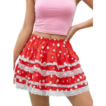 (M, Red) Damesrok met stippen en kanten afwerking, modieus, elastische taille, gelaagde ruches, minirok