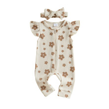 (Newborn, Beige) Completo estivo per neonate, tutina floreale con maniche a volant e fascia a fiocco, set 2 pezzi.