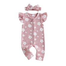 (Newborn, Pink) Completo estivo per neonate, tutina floreale con maniche a volant e fascia a fiocco, set 2 pezzi.