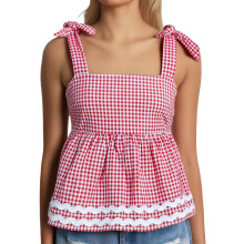 (S, Red) Women's Babydoll Tank Tops Trendy Sleeveless Square Neck Plaid Print Tops Smocked Shirts