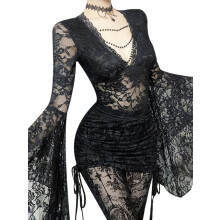 (S, Black) Női Halloween Csipke Felső, Hosszú Ujjú, Mély V-nyakú, Áttetsző, Karcsúsított Ingek Partikra