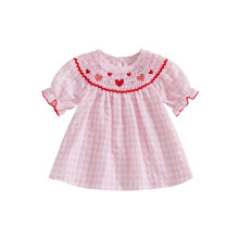 (6-12 Months, Pink) Mädchenkleid, kurzärmelig, Rundhalsausschnitt, kariert, mit Herzstickerei, Sommerkleid
