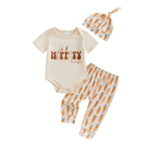 (6-12 Months, Khaki) Paasoutfit voor babymeisje: romper met korte mouwen, broekje met wortelmotief en mutsje, 3-delige set