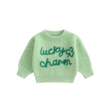 (3-6 Months, Green) Sweter z irlandzkim motywem dla dzieci, haft koniczyny, długie rękawy, okrągły dekolt