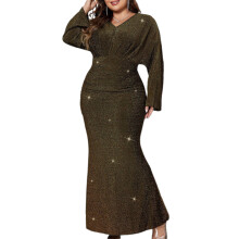(XXXXL, Gold) Women's Plus Size Evening Dress Glitter Long Sleeve V-Neck Slim Long Dress Formal Prom Gowns