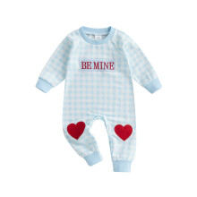 (0-3 Months, Blue) Tutina San Valentino per neonati, casual con ricamo lettere e motivo a quadri, maniche lunghe, abbigliamento carino.