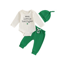 (6-12 Months, Beige) Babyjongensset: romper met lange mouwen, ronde hals en klaverprint, inclusief broek en muts voor de herfst.