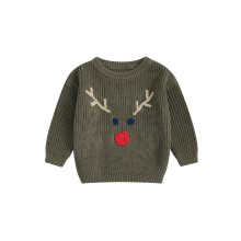 (7 Years, Army Green) Maglione natalizio per bambino/bambina con ricamo di renna, maniche lunghe, scollo rotondo, pullover in maglia