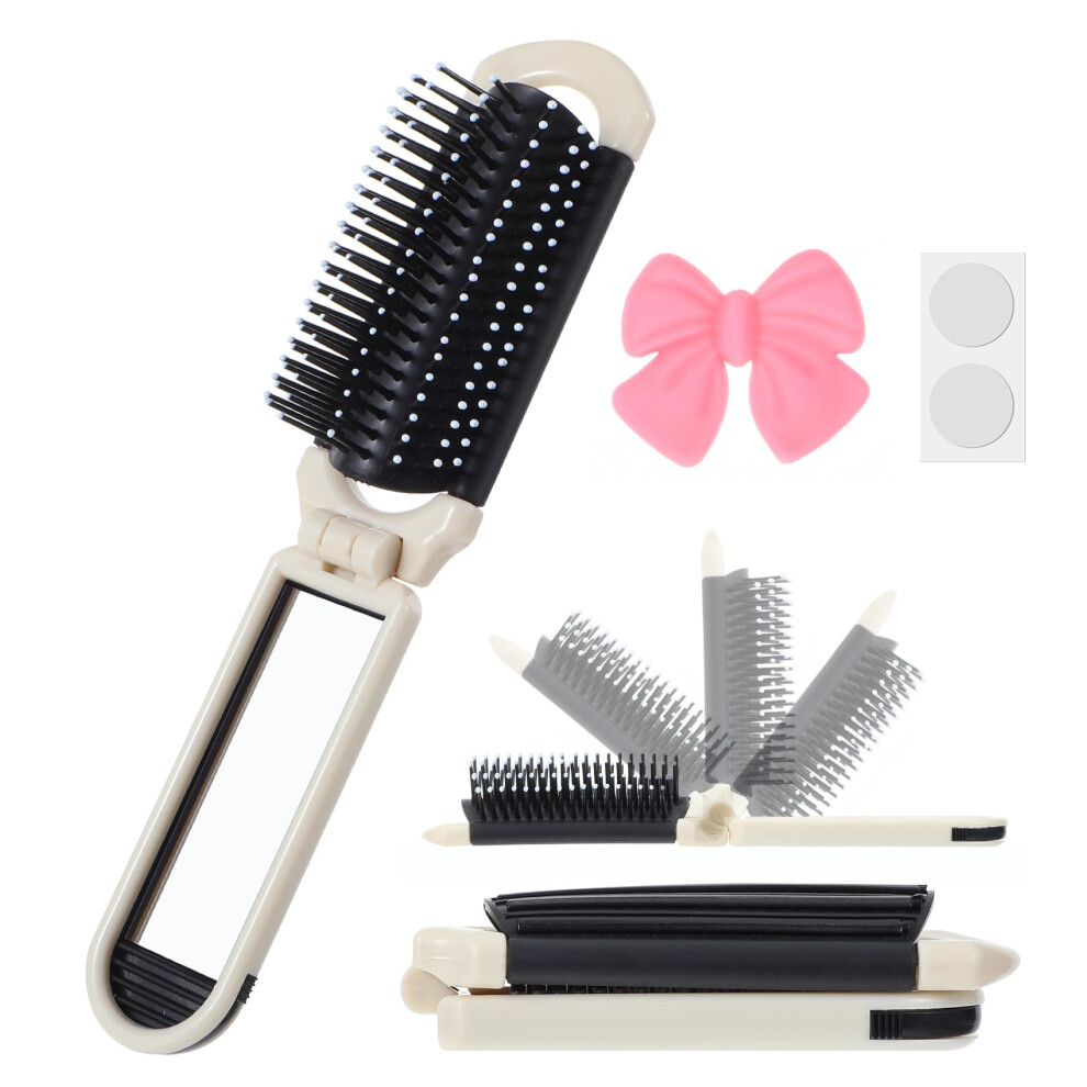 Travel Hair Brush with Detachable Mirror, Foldable Compact Comb for Women and Men, Beige