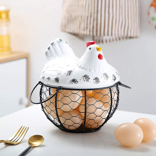 Egg Basket,Eggs Holder Basket, Organizer Storage Wrought Wire Restaurant Storage Basket,Kitchen Hen Decor (White) 2