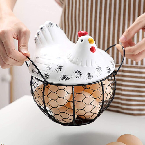 Egg Basket,Eggs Holder Basket, Organizer Storage Wrought Wire Restaurant Storage Basket,Kitchen Hen Decor (White) 1