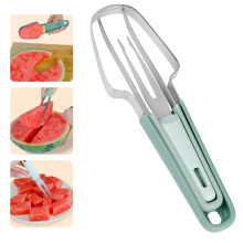 3in1 Stainless Steel Watermelon Cutter Slicer with Fruit Fork and Popsicle Mold for Camping Kitchen (Green)
