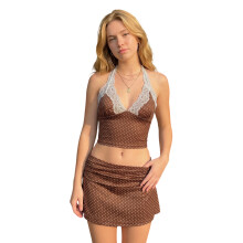 (S, Coffee) Women Summer 2 Piece Outfits Stylish Dot Print Lace Trim Sleeveless Halter V Neck Tops and Mini Skirt Set for Party Casual Wear