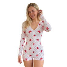 (S, White) Women's Shorts Jumpsuit Pajamas Cupid Heart Print Long Sleeve V-Neck Zip Up Rompers