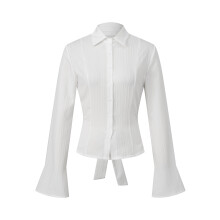 (S, Ivory) Women's Textured Fall Shirts Fashionable Solid Color Long Sleeve Tie Up Back Button Down Blouse