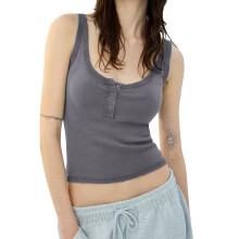 (S, Gray) Women's Summer U Neck Tank Tops Solid Color Sleeveless Slim Fit Button Up Yoga Vest
