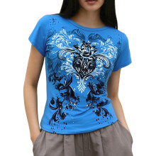 (XL, Blue) Women's Summer T Shirt Stylish Flower Print Short Sleeve Round Neck Slim Fit Tops for Casual Daily Wear