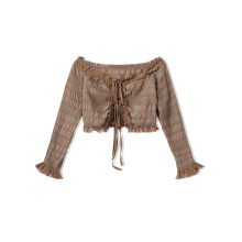 (L, Dark Brown) Women's Tie Front Cardigan Solid Color Ruffled Off Shoulder Long Sleeve Crop Tops
