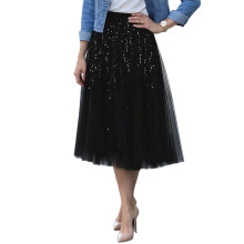 (L, Black) Women Sequin Midi Mesh Skirt High Elastic Waist Sparkly Tulle Skirts for Daily Office Party Club