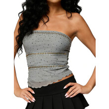 (L, Gray) Women Tube Tops Strapless Sleeveless Slim Fit Studded Decor Summer Going Out Crop Vest