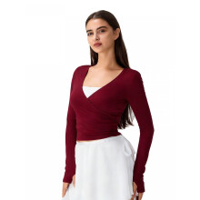(L, Burgundy) Women's V Neck Fall Tops Fashionable Casual Solid Color Long Sleeve Slim Fit Shirts