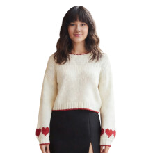 (S, Ivory) Women Knit Sweater Heart Pattern Crew Neck Long Sleeve Pullovers Fall Winter Casual Jumpers Tops