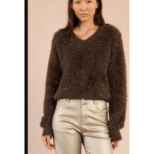 (M, Dark Brown) Women's Fuzzy Knit Sweater Fashionable Casual V Neck Thread Decor Long Sleeve Tops