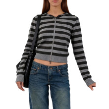 (M, Gray) Women Zip up Hooded Sweaters Casual Striped Long Sleeves Knit Cardigans Warm Fall Knitwear for Streetwear