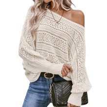 (L, White) Women Knit Sweater Long Sleeve Hollowed Solid Loose Fall Pullover Tops Streetwear