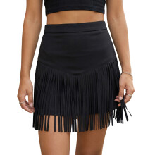 (S, Black 2) Women's Western Tassel Skirt Elegant Solid Color Cowgirl High Waist Mini Skirt for Party Concert Daily Wear