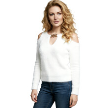 (M, White) Women Knit Sweater Long Sleeve Cold Shoulder Solid Pullover Warm Sweater for Fall Winter