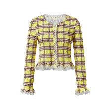 (L, Yellow) Women's Spring Summer Plaid Tops Long Sleeve Round Neck Lace Trim Slim Fit Blouse