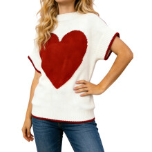 (M, White) Women Basic Knit T-Shirt Cute Heart Pattern Short Sleeves Pullover Sweater Tops for Streetwear Aesthetic Clothes