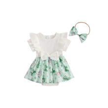 (6-12 Months, Green) Completo irlandese bambina con fiocchi e trifogli, maniche corte con volant e fascia abbinata, set 2 pezzi.