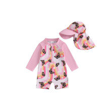 (0-3 Months, Pink) Badeanzug-Set für Mädchen mit langen Ärmeln, Blumen- und Schmetterlingsmuster, halbem Reißverschluss und Sonnenhut