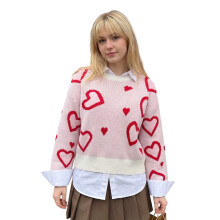 (M, Red) Women Valentine's Day Sweater Heart Print Long Sleeve Crew Neck Pullovers Fall Winter Casual Jumpers Knit Tops