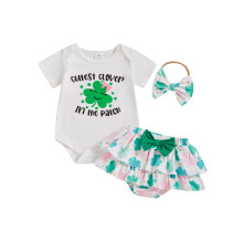 (3-6 Months, Green) Roupa irlandesa para bebê menina: macacão de manga curta, saia-calça com trevo e faixa de cabelo.
